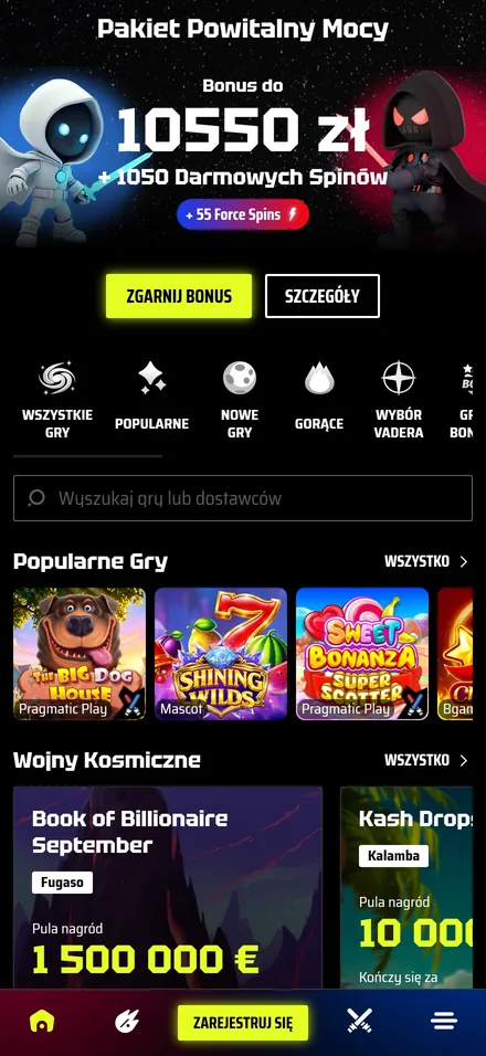 Mobilne lobby SlotsVader z banerem bonusu i dolnym paskiem