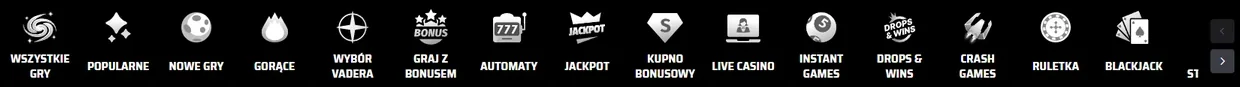 Pasek kategorii w lobby SlotsVader: od Wszystkich gier po Blackjack